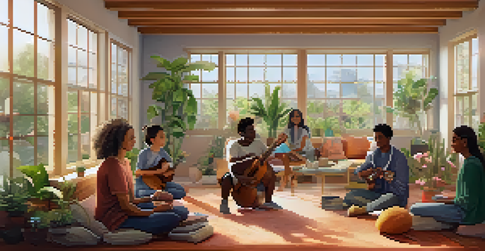 A diverse group of individuals in a cozy music therapy room, gathered around a therapist with a ukulele, with plants and soft light creating a warm atmosphere.