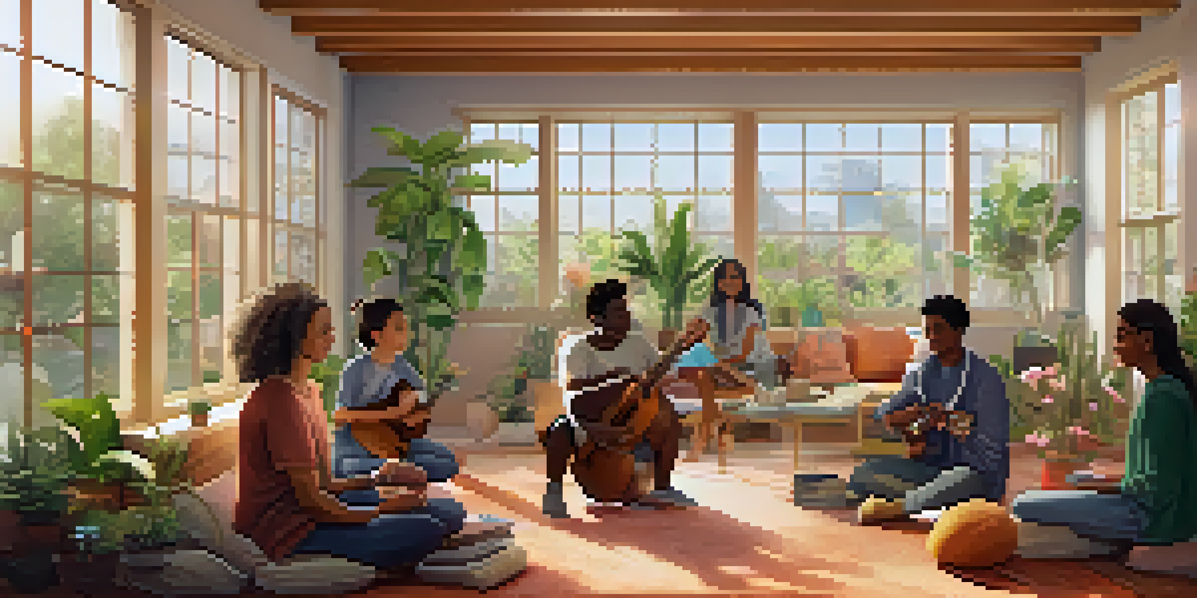 A diverse group of individuals in a cozy music therapy room, gathered around a therapist with a ukulele, with plants and soft light creating a warm atmosphere.