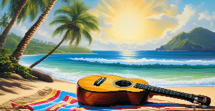 A close-up of a traditional ukulele on a colorful beach towel with a Hawaiian beach in the background.