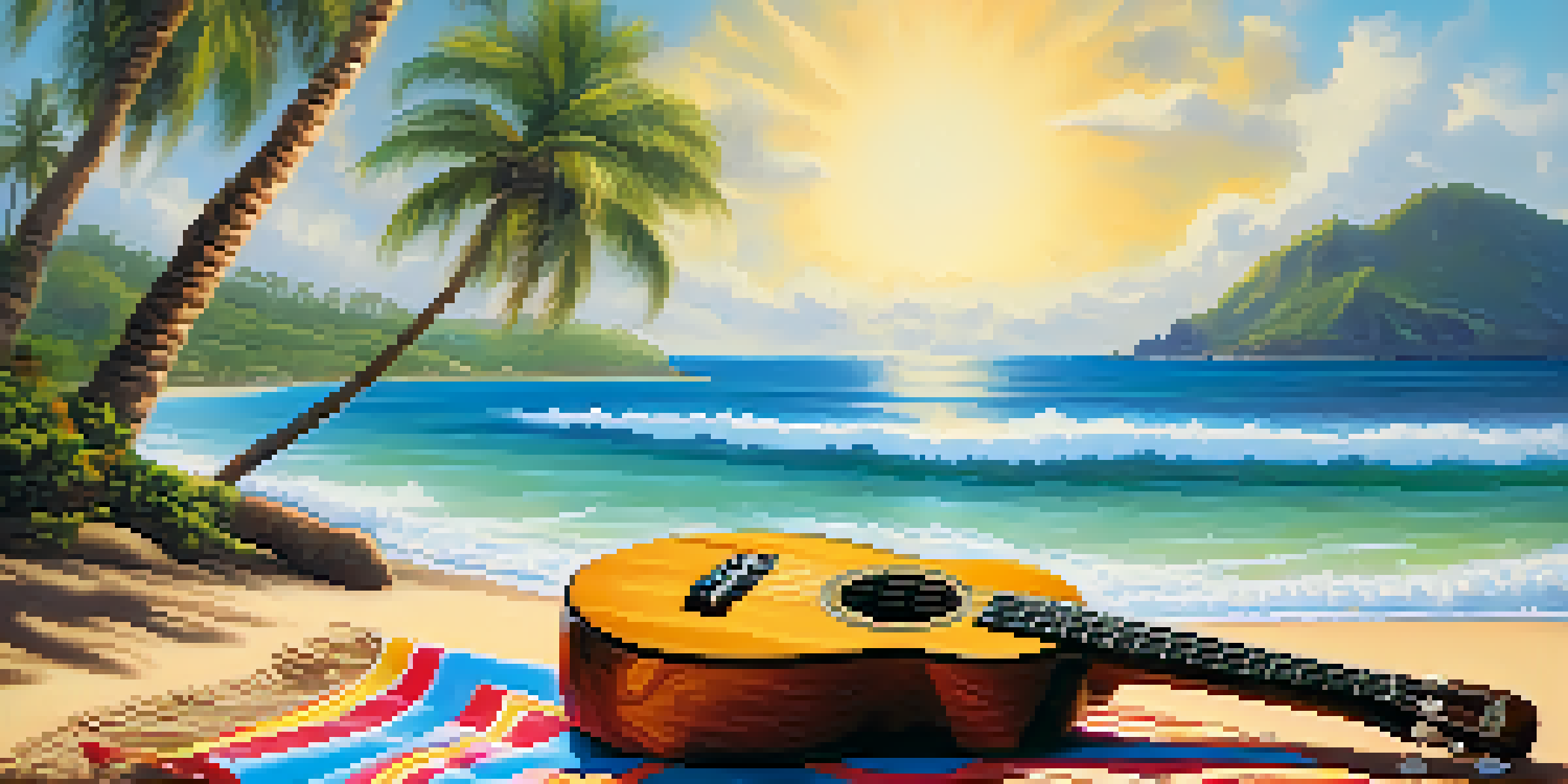 A close-up of a traditional ukulele on a colorful beach towel with a Hawaiian beach in the background.