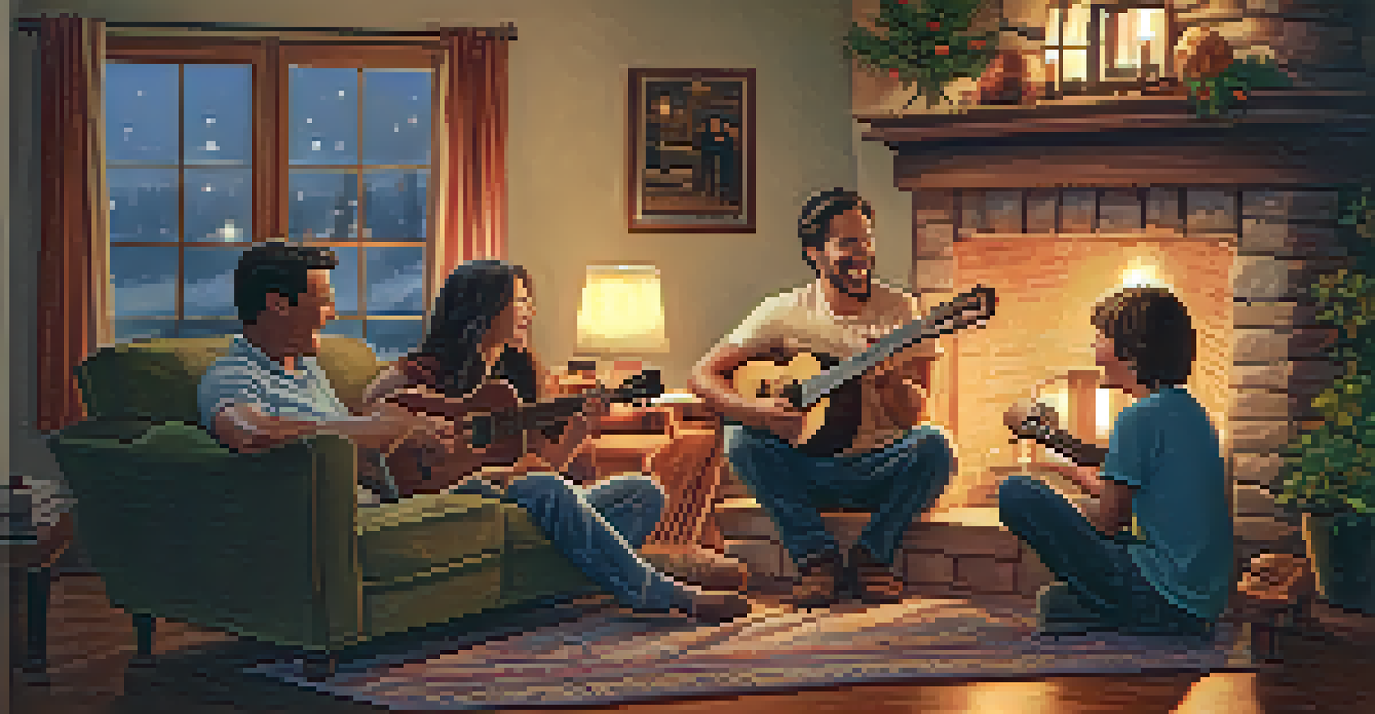 A warm indoor family gathering around a fireplace, singing and playing ukuleles, with family photos on the walls.