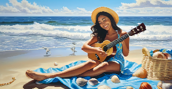 A young woman playing the ukulele on a sunny beach with bright blue skies and ocean waves.