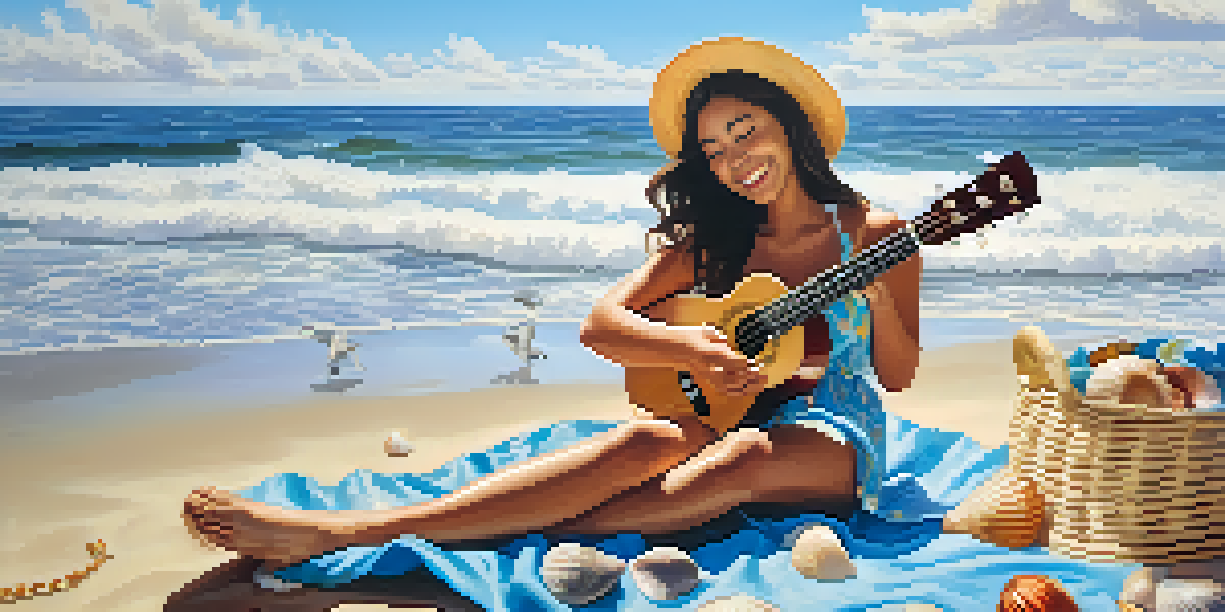 A young woman playing the ukulele on a sunny beach with bright blue skies and ocean waves.
