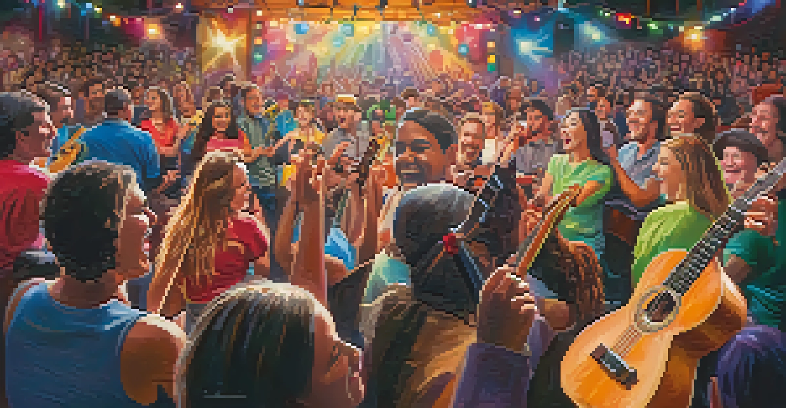 A musician performing passionately on stage at a ukulele concert, with an engaged audience and colorful stage lighting.