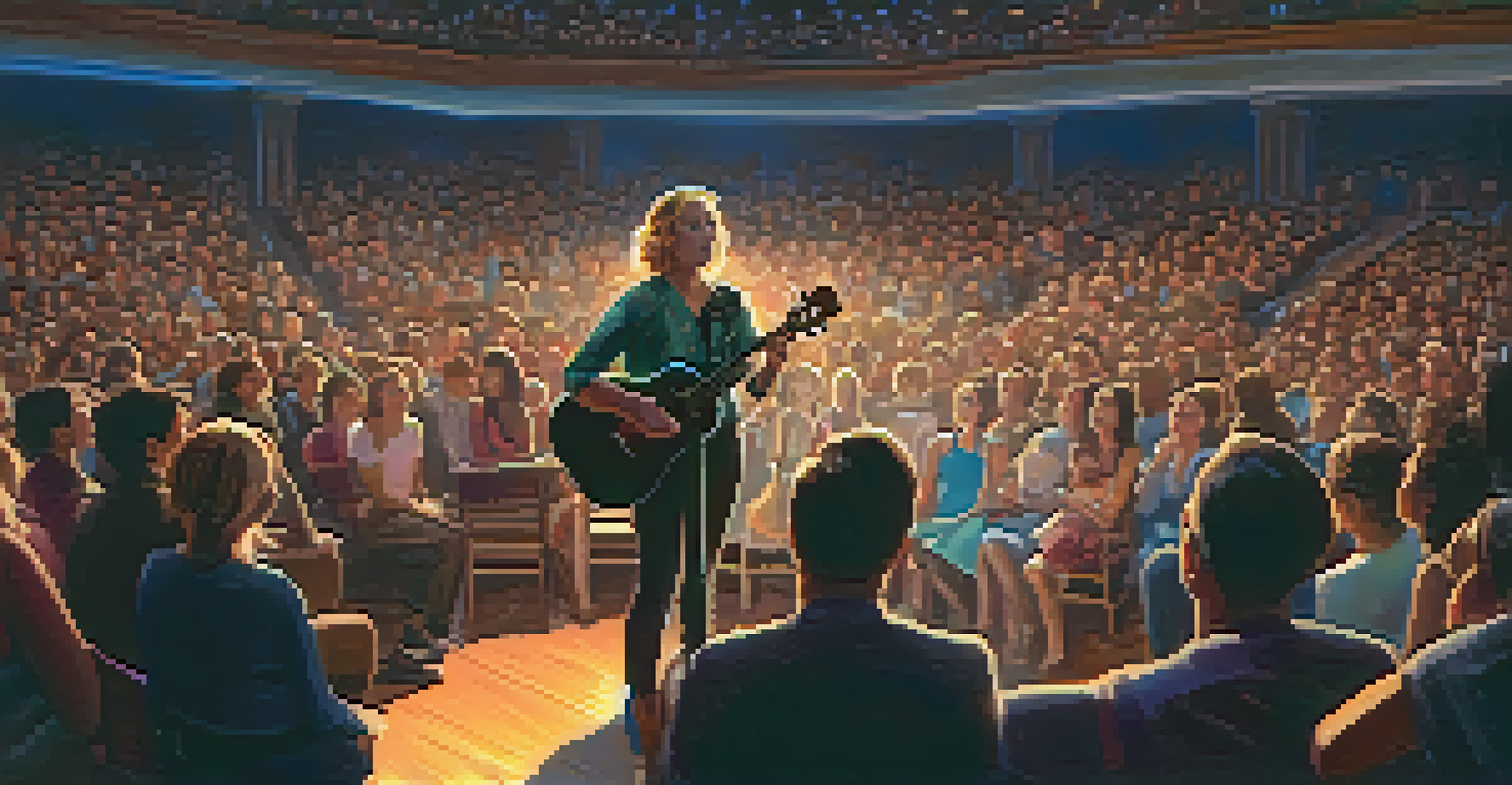 A performer on stage sharing a story with the audience while holding a ukulele, creating an intimate connection.