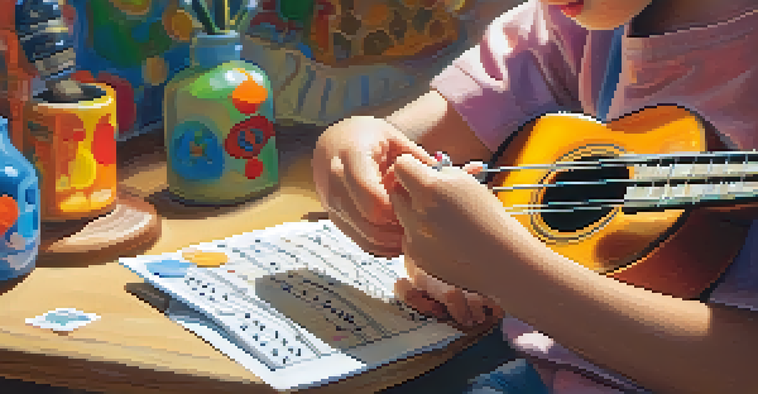 Close-up of a child's hands playing a decorated ukulele indoors.
