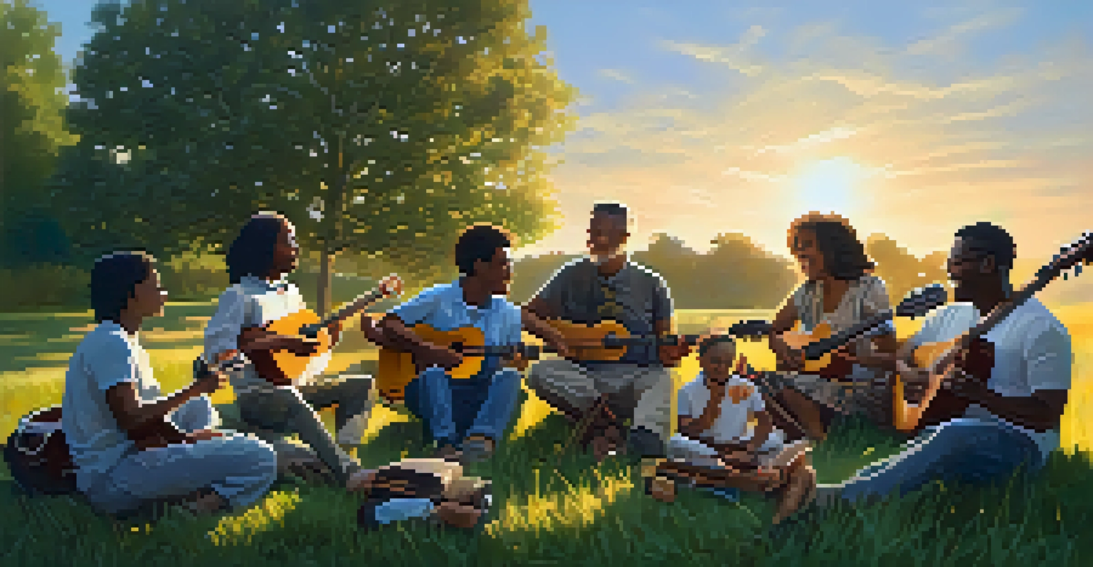 A diverse group of musicians playing different types of ukuleles in a grassy field during sunset.