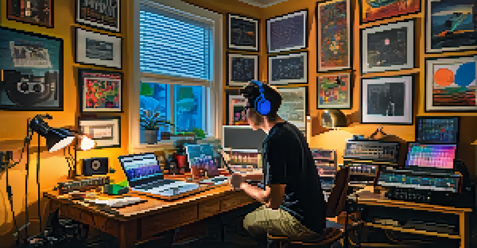 An artist recording a ukulele cover in a colorful home studio filled with equipment.