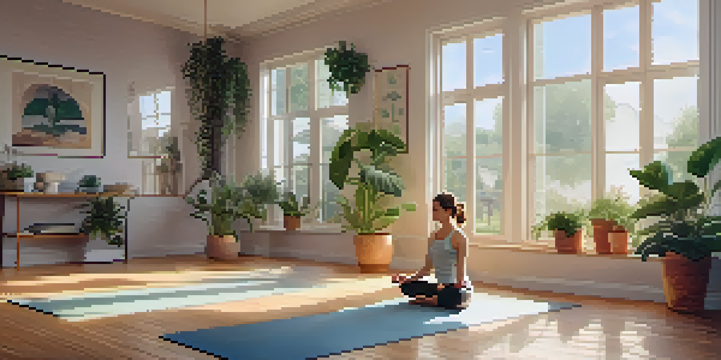 A peaceful yoga studio with a person practicing yoga, plants around, and ukulele music sheets.