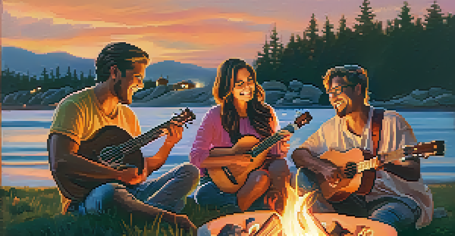 Friends playing ukuleles around a fire pit at sunset, enjoying each other's company.