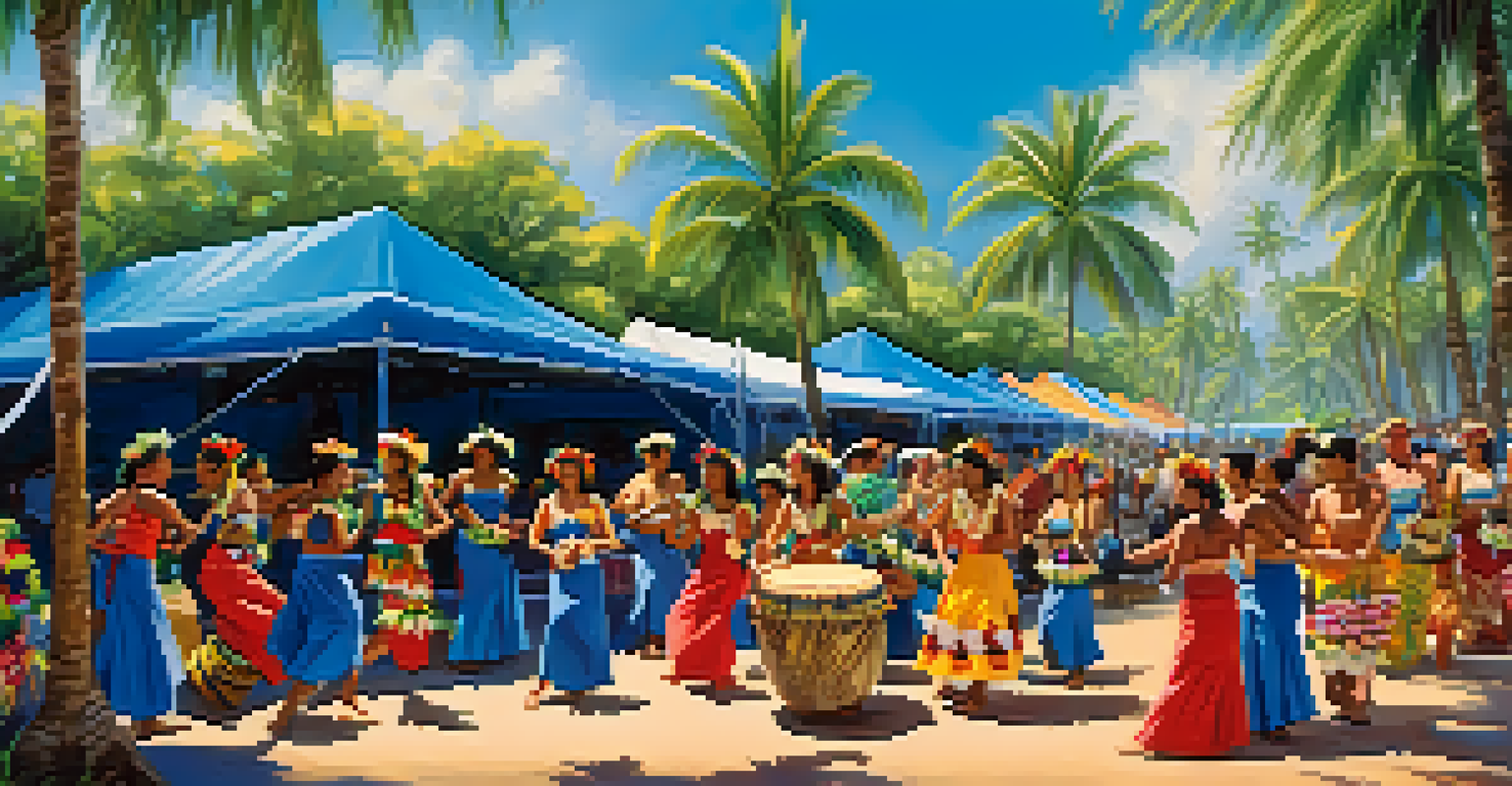A lively Hawaiian cultural festival with musicians, dancers, and colorful attire.