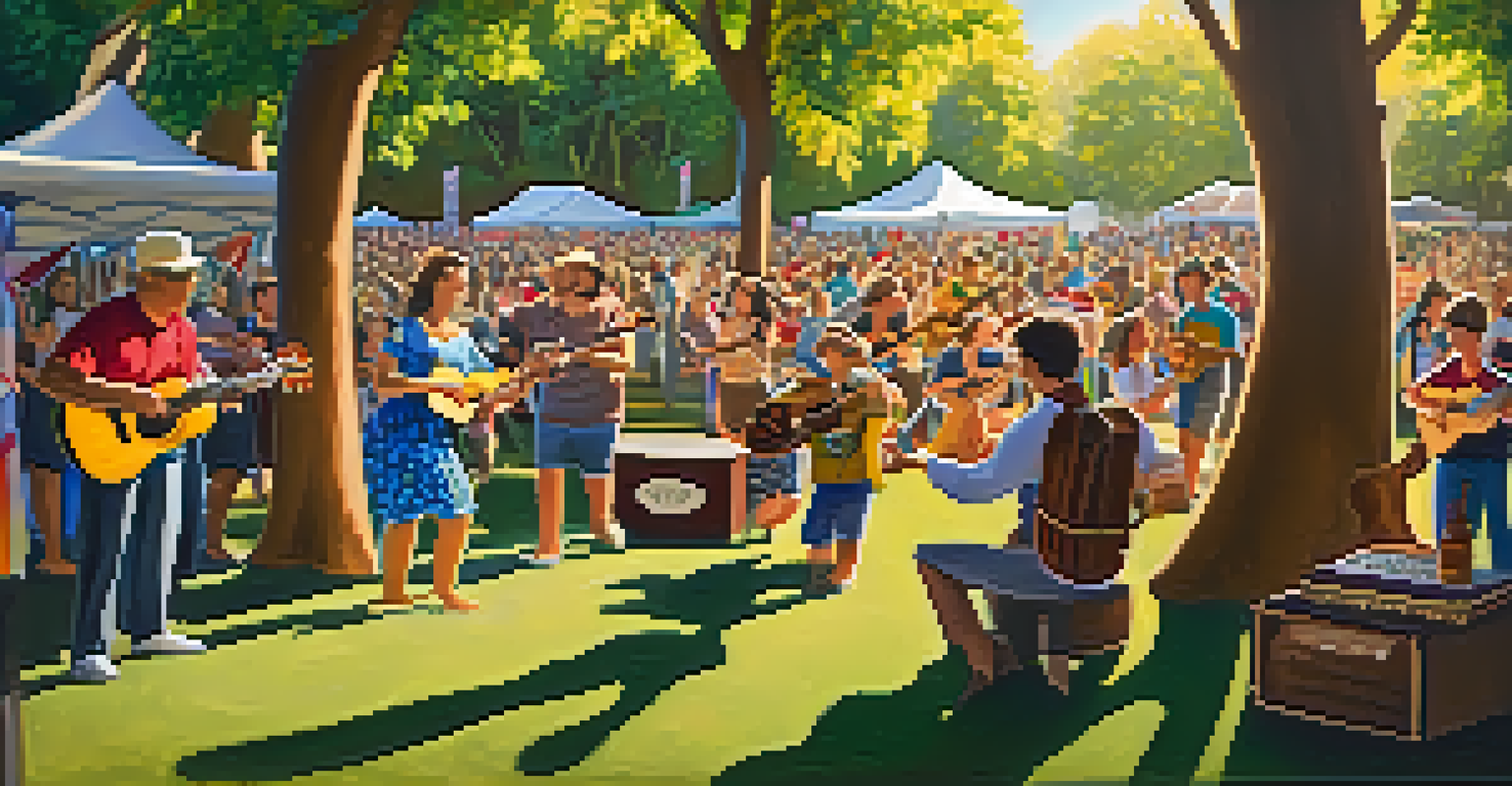 A diverse group of musicians performing at a ukulele festival, with a colorful crowd and warm sunlight filtering through trees.
