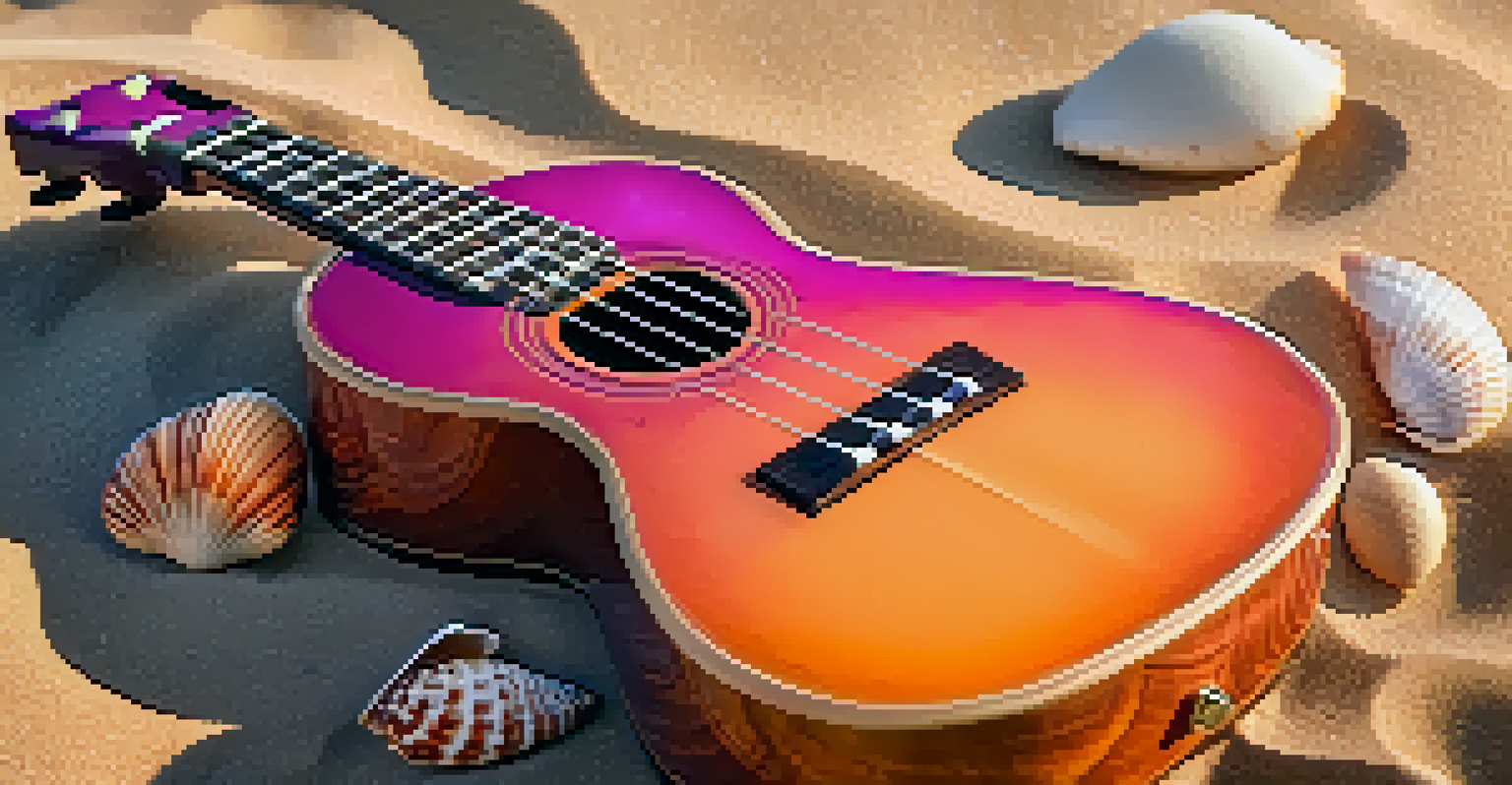 A close-up of a ukulele on a sandy beach at sunset with waves and seashells around.