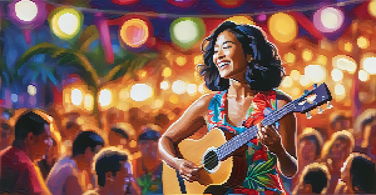 A female ukulele player performing on stage in colorful attire, engaging with an audience in a tropical-themed venue.