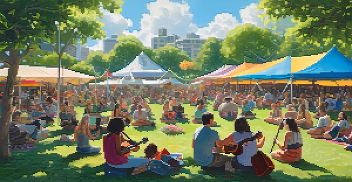 A lively outdoor ukulele festival with people playing instruments, colorful tents, and a stage in a green park.