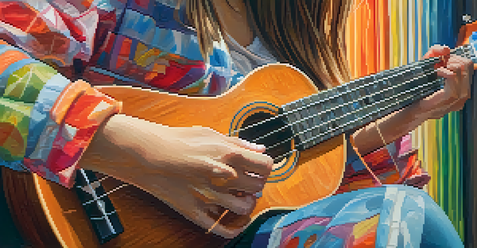Close-up of hands playing a ukulele, showcasing the instrument's details with soft natural light and a blurred background.
