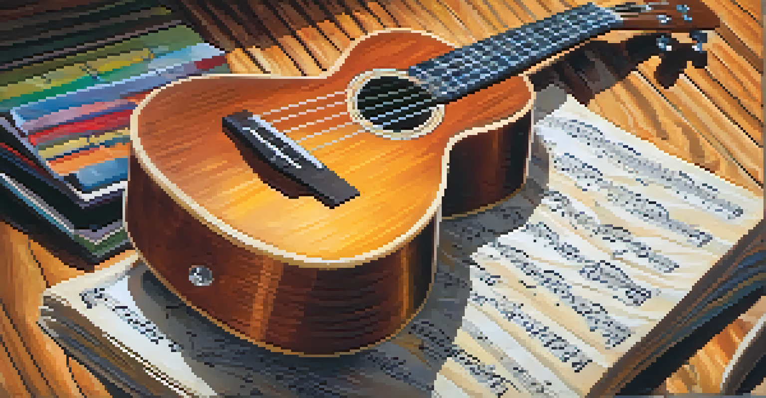 Close-up of hands playing a ukulele with music sheets on a wooden table, illuminated by warm lighting.