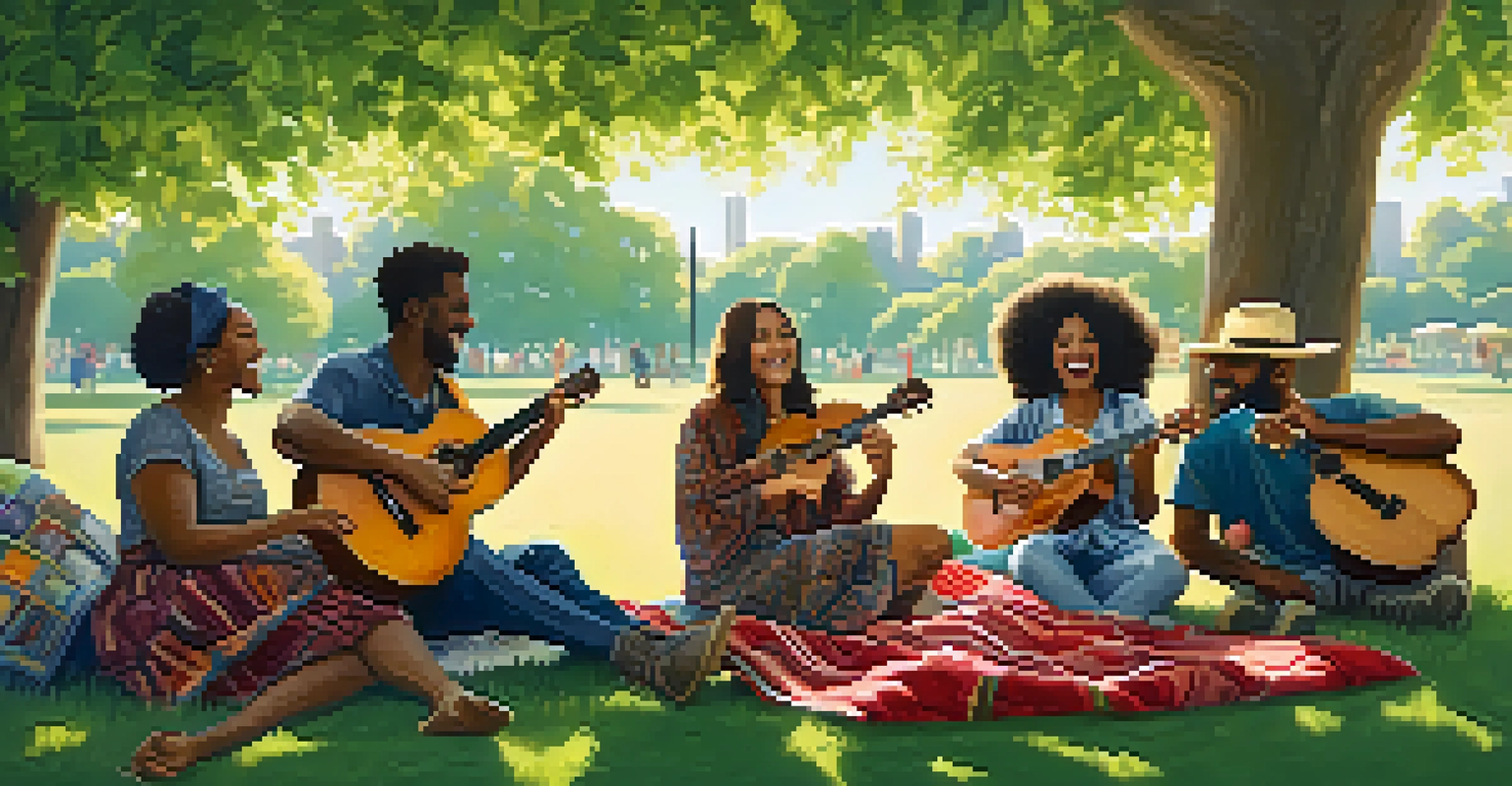 A diverse group of musicians playing ukuleles in a park, surrounded by greenery and colorful blankets, enjoying a joyful jam session.