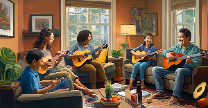A warm family gathering in a living room, showcasing each member with their personalized ukulele picks, smiling and enjoying a musical moment.