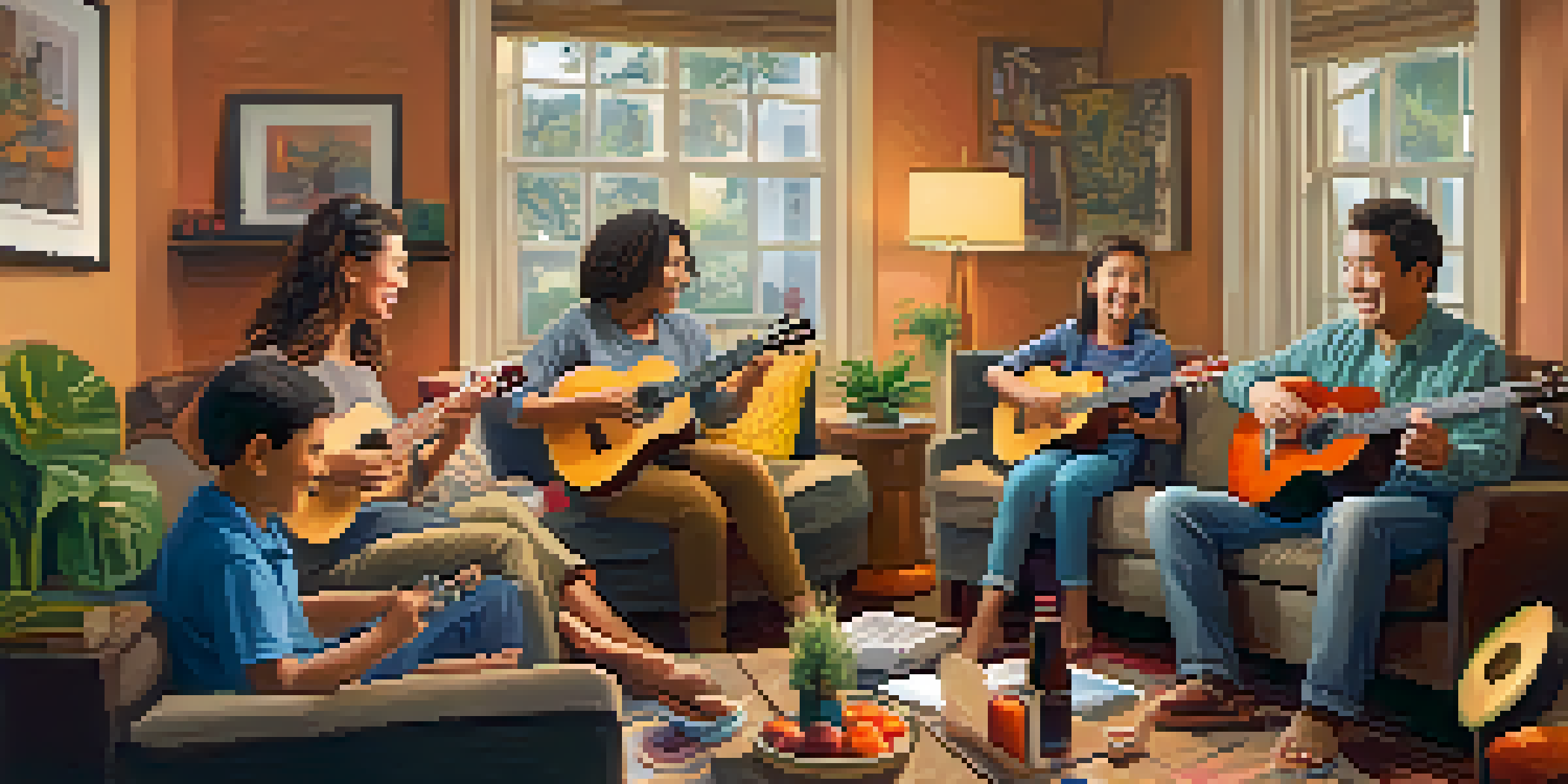 A warm family gathering in a living room, showcasing each member with their personalized ukulele picks, smiling and enjoying a musical moment.