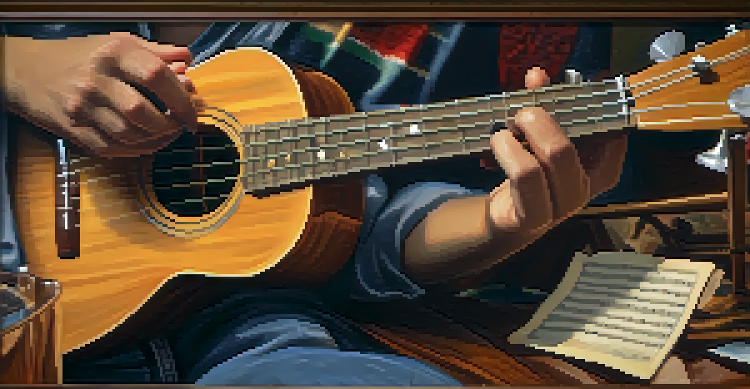 Close-up of hands strumming a ukulele in a cozy room filled with musical decor.