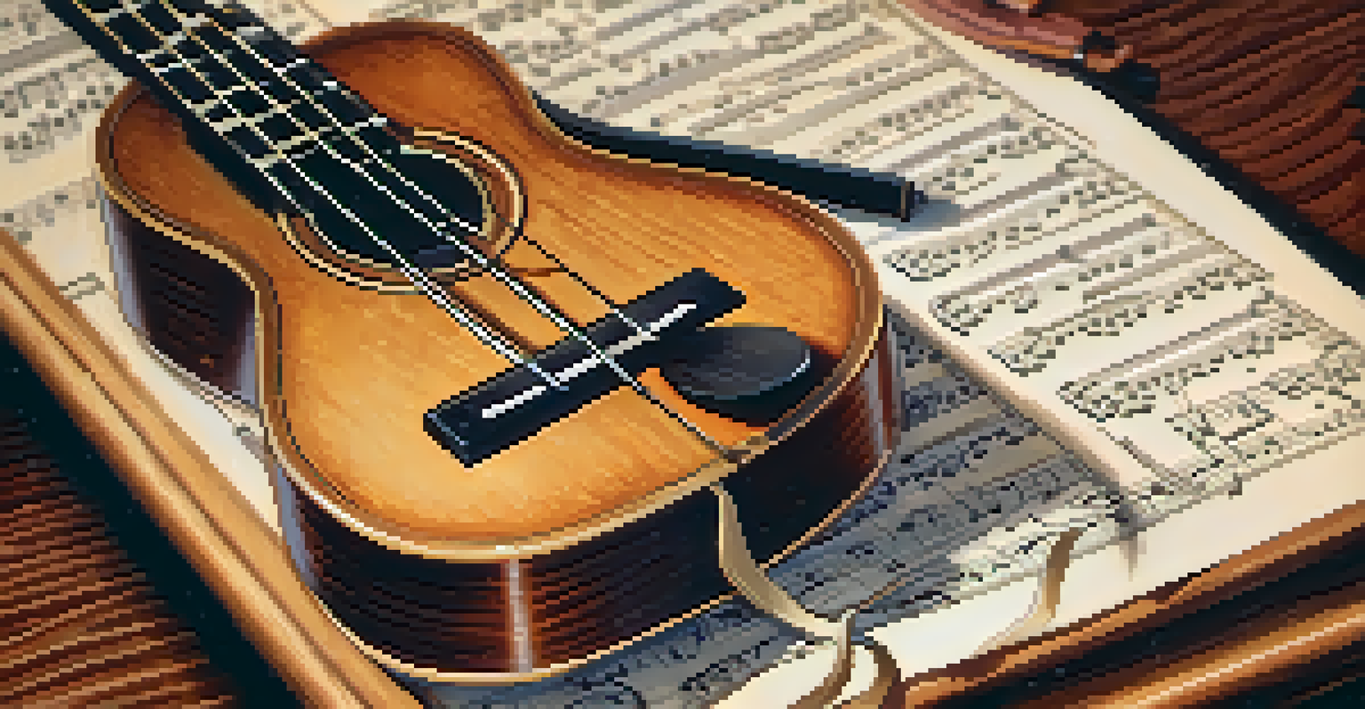 A close-up view of a beautifully crafted ukulele on a music stand, with hands gently holding it, surrounded by sheet music.