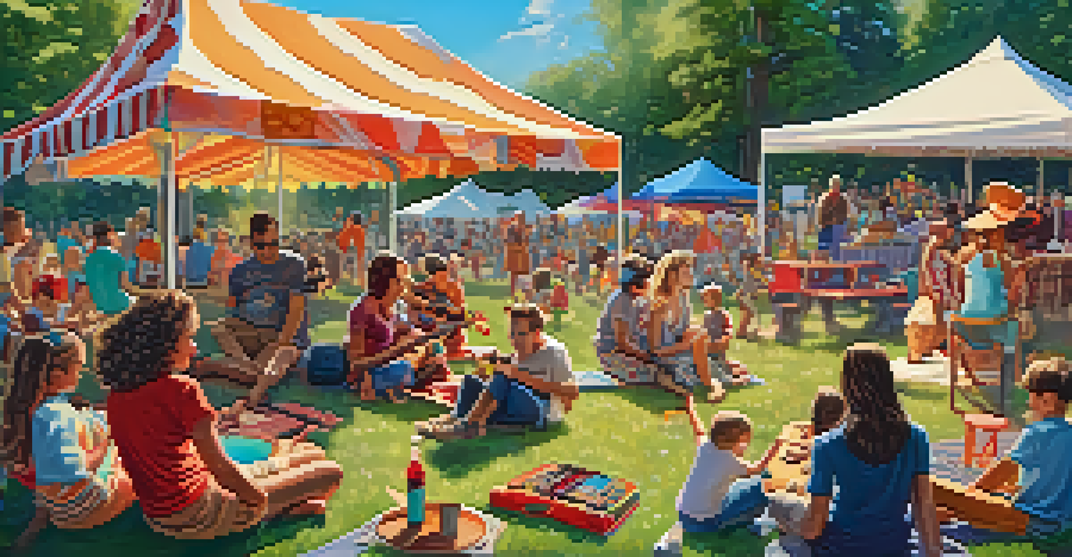 A family enjoying an outdoor ukulele performance on a picnic blanket, with a band playing on stage and kids dancing around.