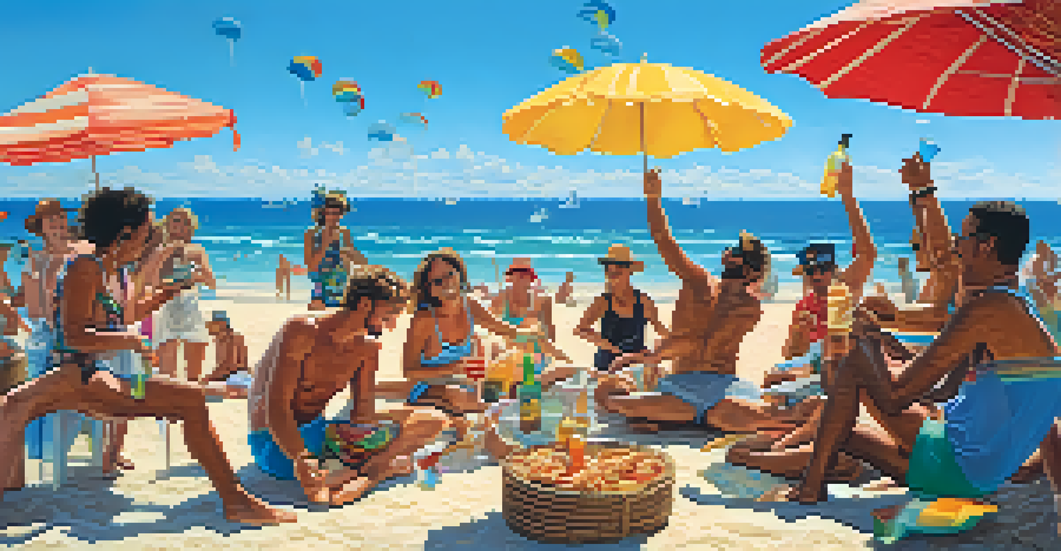 A lively beach party with friends dancing and one playing a ukulele, surrounded by colorful umbrellas.