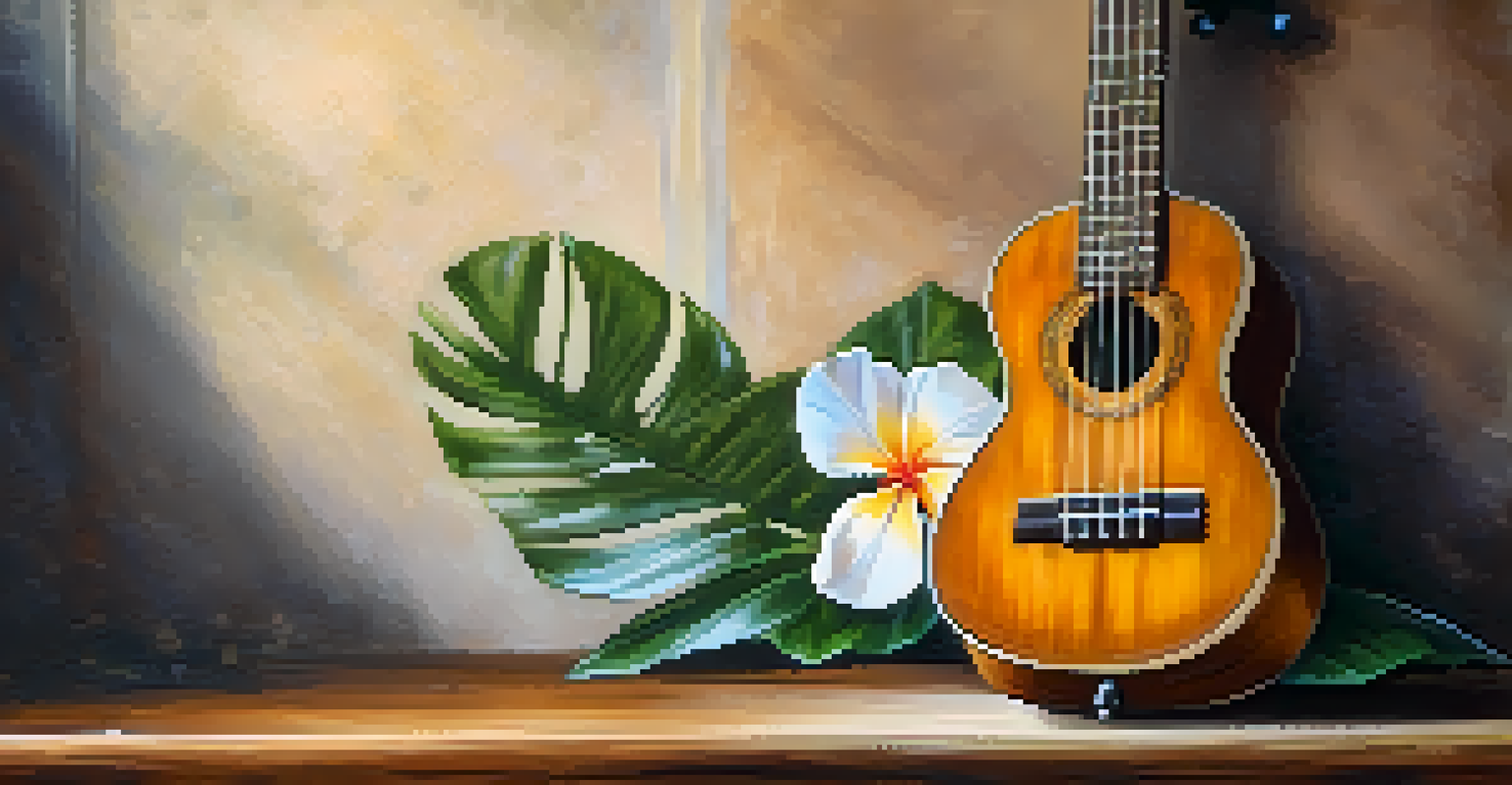 A polished ukulele on a rustic wooden table, surrounded by musical notes and tropical flowers in soft natural light.