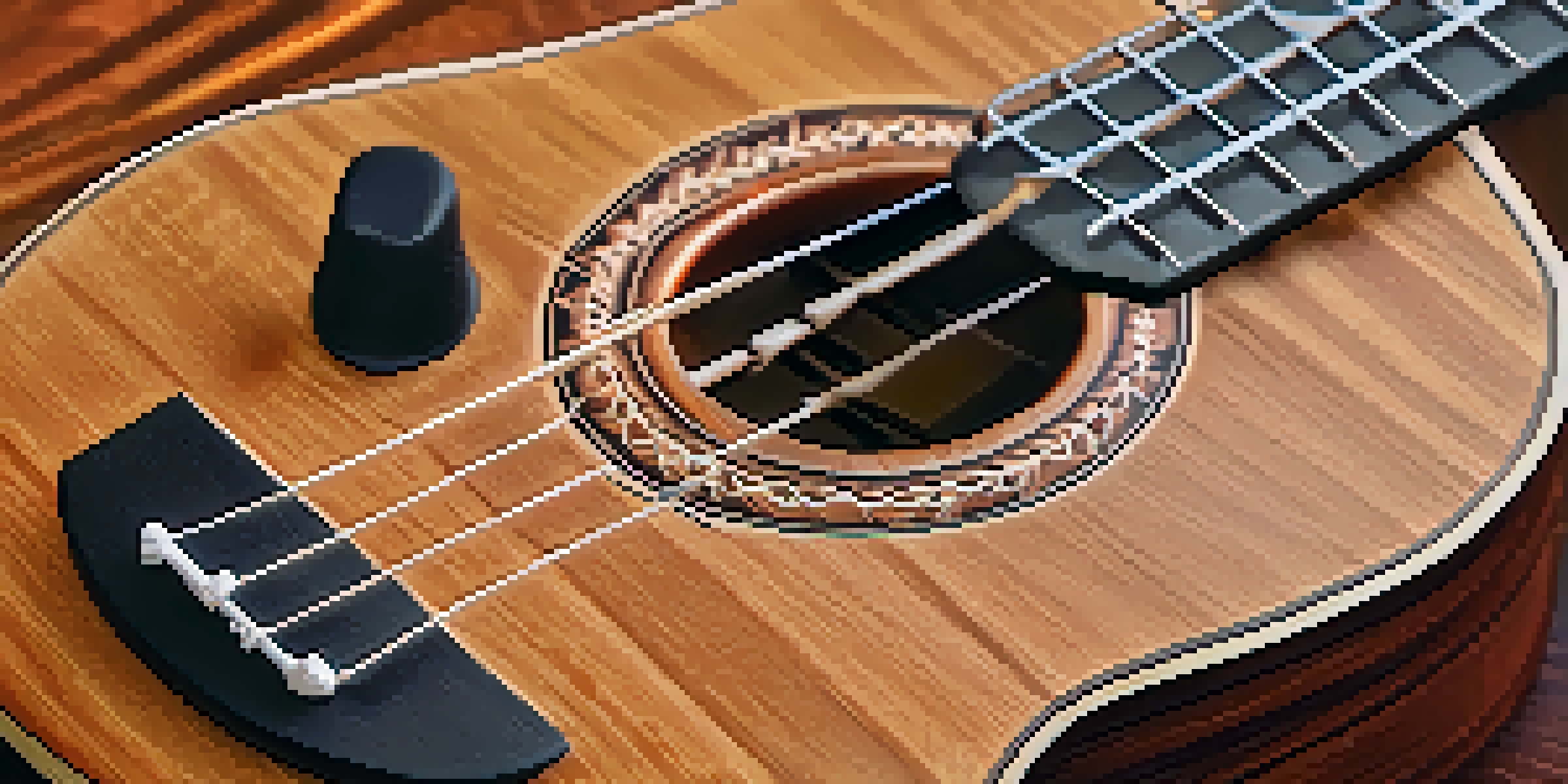 A close-up of a mahogany solid wood ukulele resting on a wooden table, with soft light highlighting its grain and details.