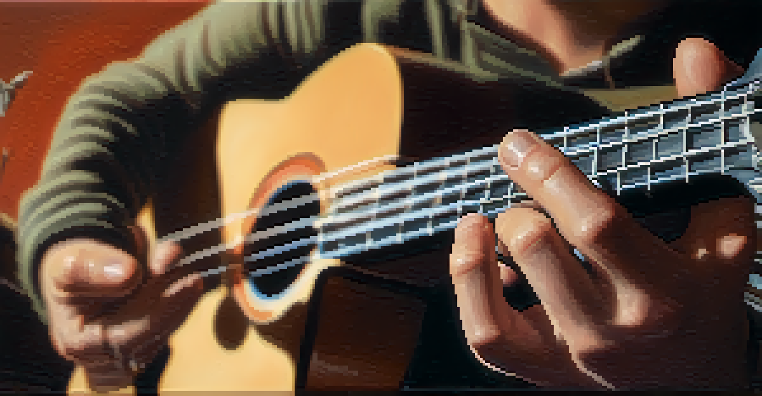 A close-up of hands positioned on a ukulele, highlighting finger placement.