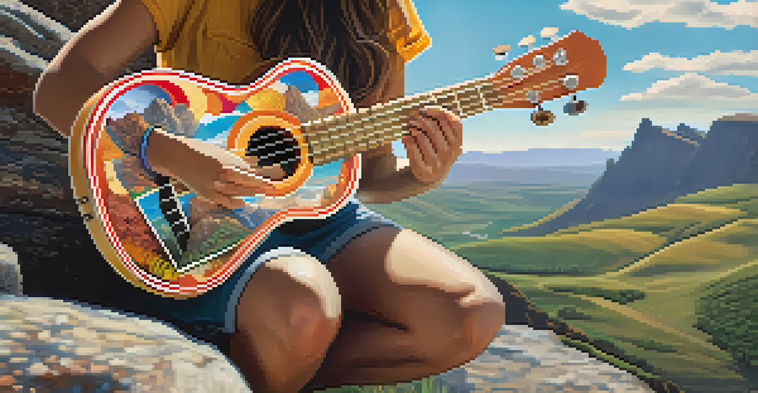 A person holding a travel ukulele on a hilltop with mountains in the background, smiling.