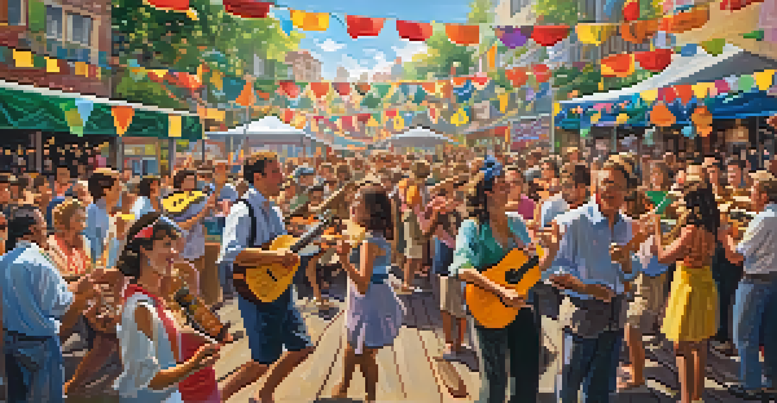 A vibrant ukulele festival with musicians performing on stage and a lively crowd enjoying the music, surrounded by colorful decorations.