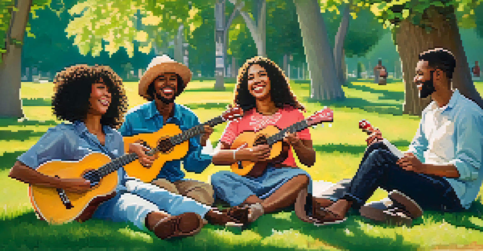 A group of diverse musicians playing ukuleles in a sunny park, surrounded by nature and enjoying each other's company.