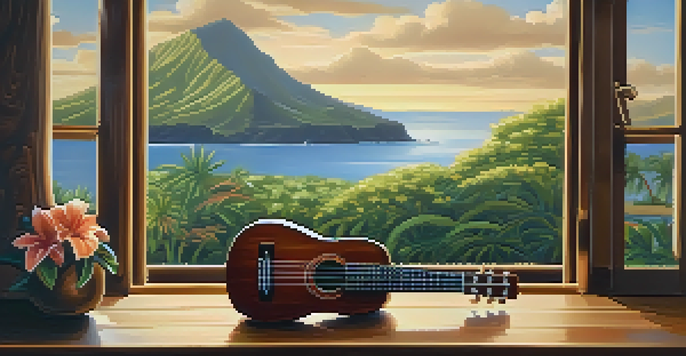 A close-up of a beautifully crafted ukulele on a wooden table, with natural light highlighting its texture and a Hawaiian landscape visible in the background.