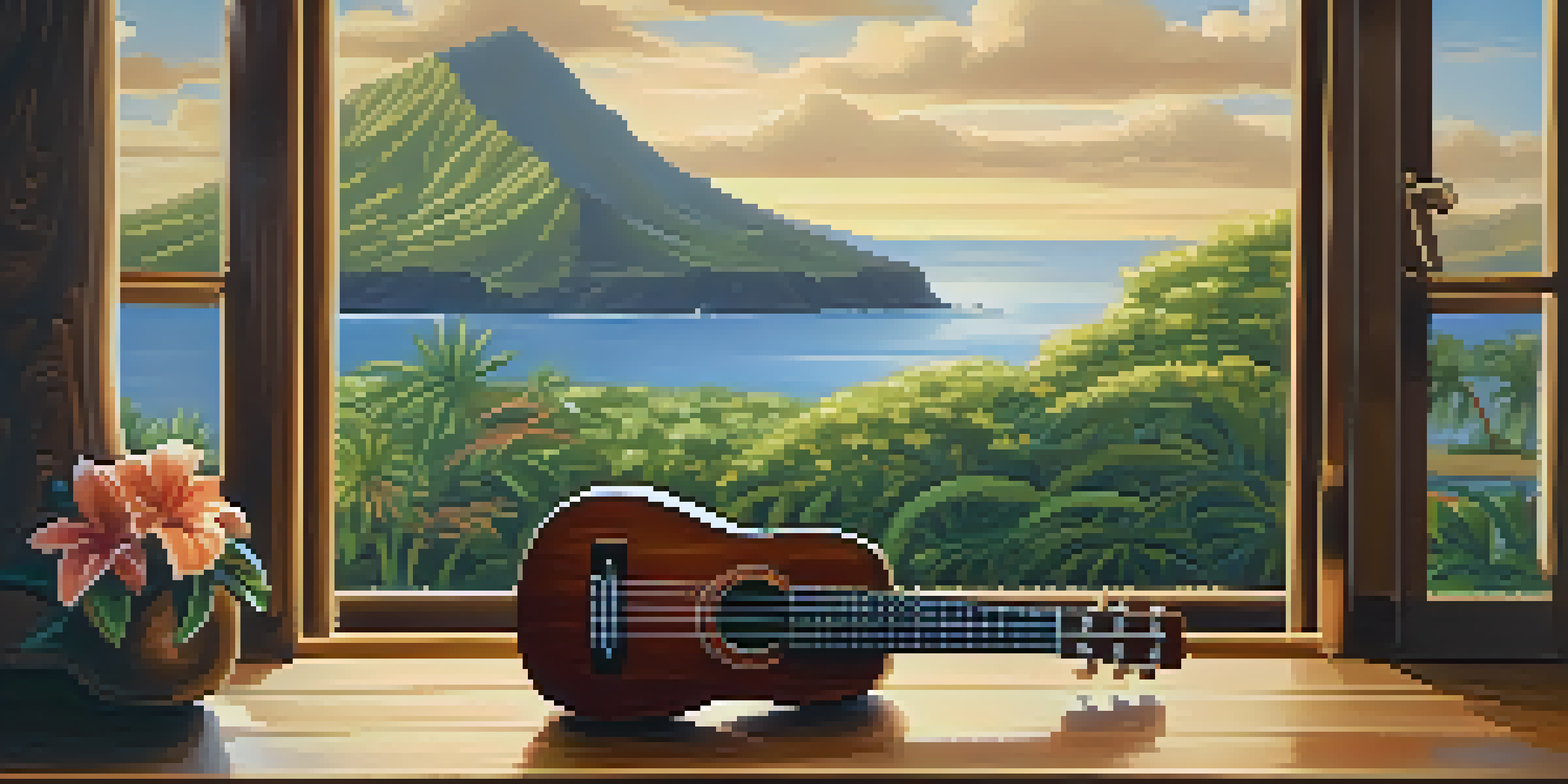 A close-up of a beautifully crafted ukulele on a wooden table, with natural light highlighting its texture and a Hawaiian landscape visible in the background.