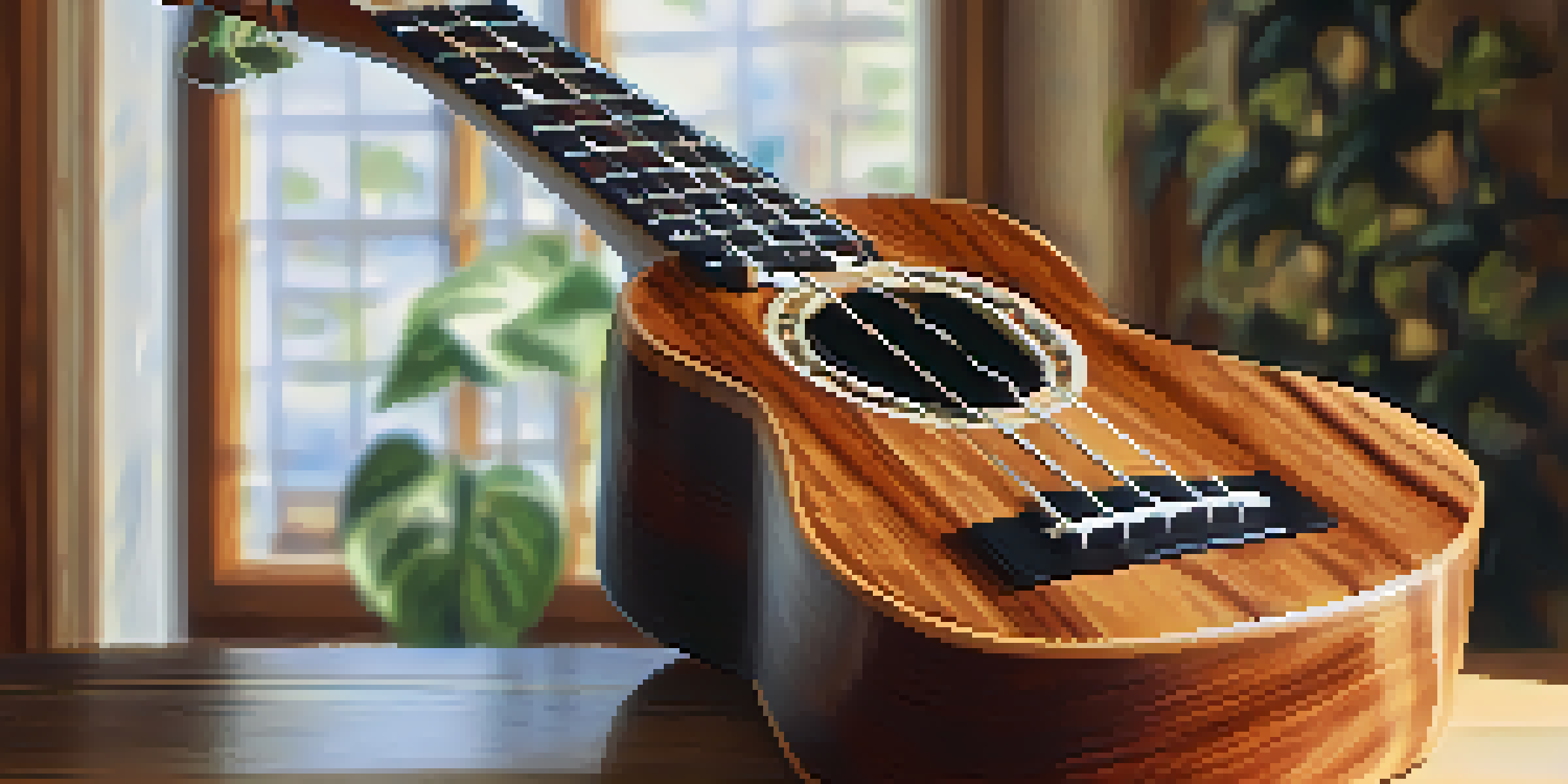 A close-up of a koa wood ukulele on a wooden table with soft natural light.