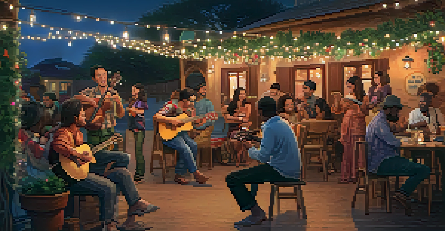 Musicians playing the ukulele and traditional instruments in a cozy festival setting, with dancers enjoying the music under fairy lights.