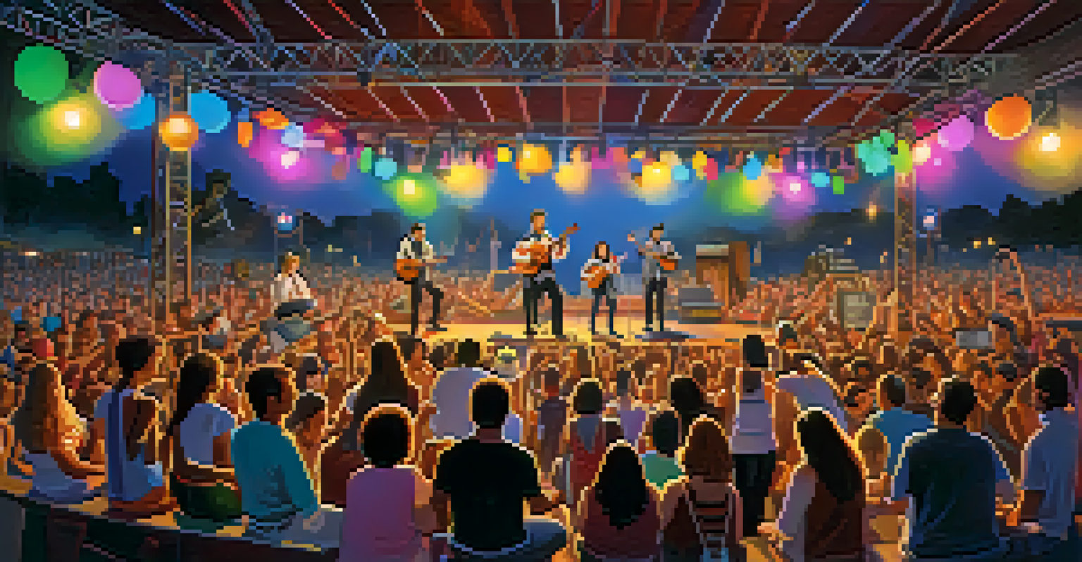 A vibrant music festival with musicians playing ukulele and violin on stage, and a crowd enjoying the performance.