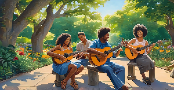 A diverse group of musicians joyfully playing ukuleles in a sunny park, surrounded by greenery and flowers.