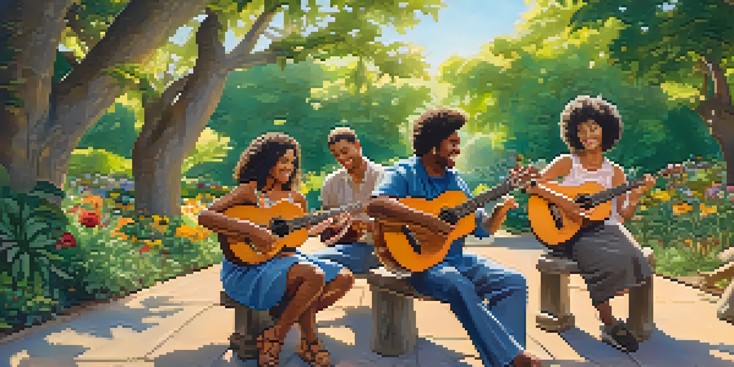 A diverse group of musicians joyfully playing ukuleles in a sunny park, surrounded by greenery and flowers.