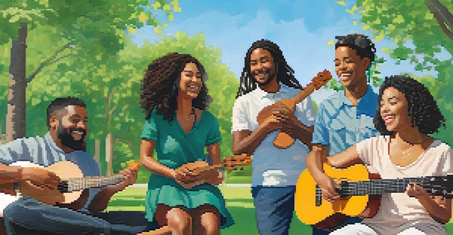 A group of people sitting in a park, playing ukuleles together, surrounded by nature, conveying a sense of community and happiness.