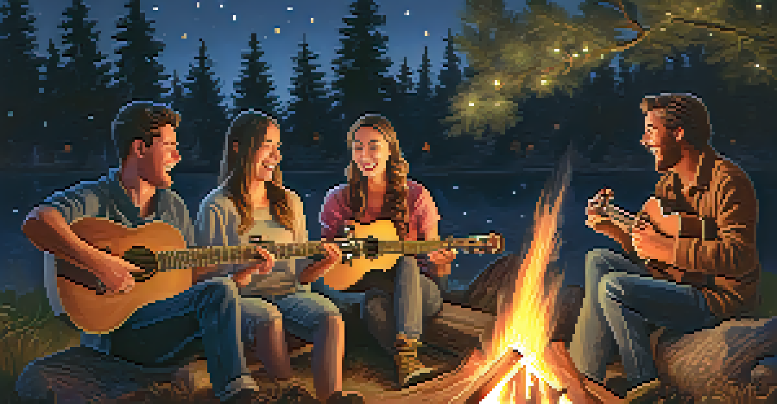 Friends gathered around a campfire playing ukuleles, enjoying a night of music and laughter under a starry sky.