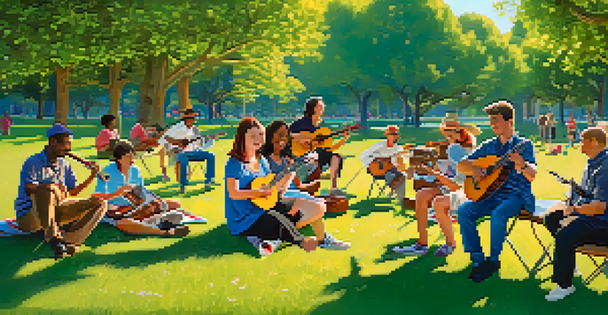 A diverse group of musicians playing ukuleles in a sunny park, surrounded by trees and a clear blue sky.