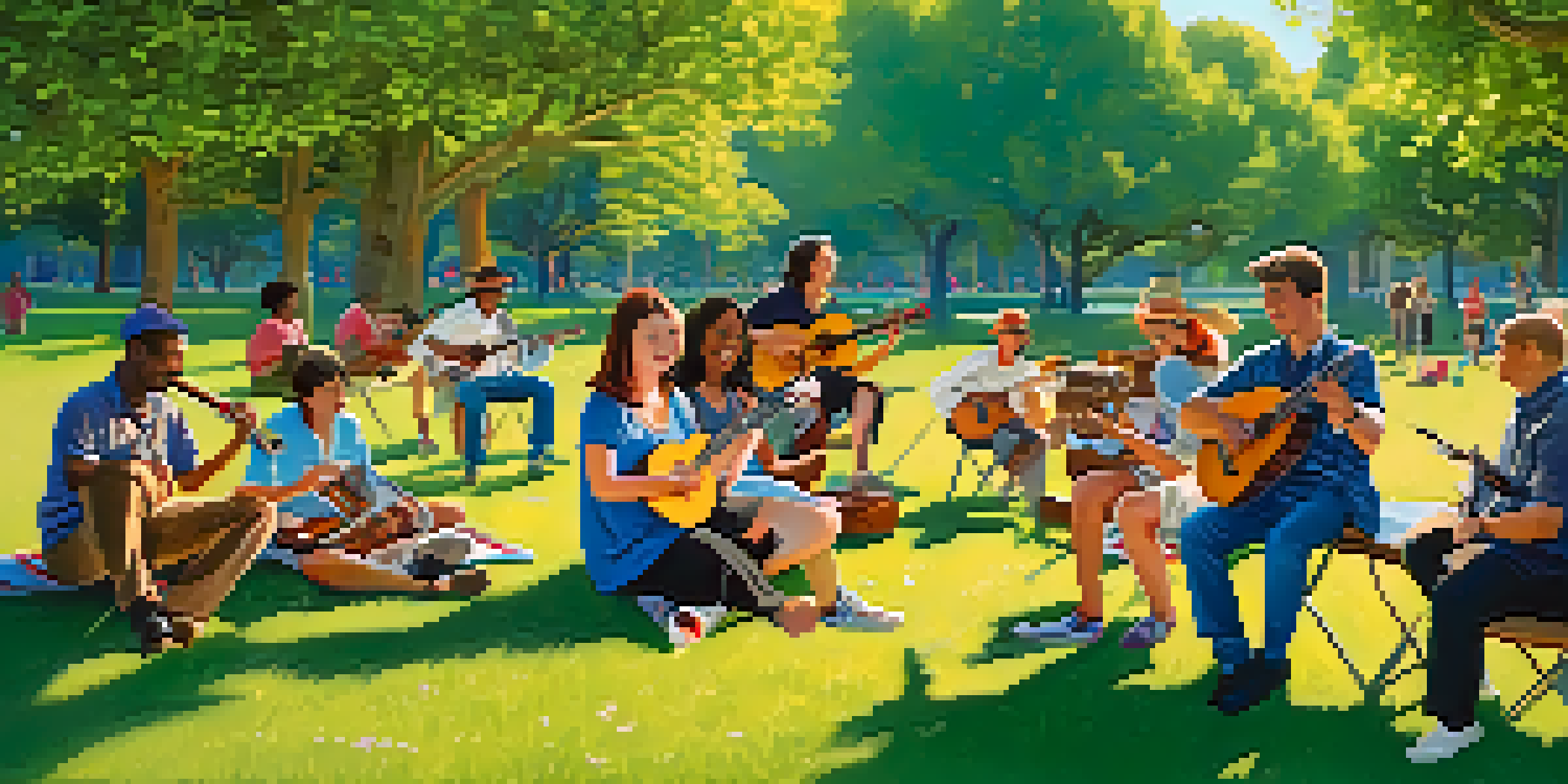A diverse group of musicians playing ukuleles in a sunny park, surrounded by trees and a clear blue sky.