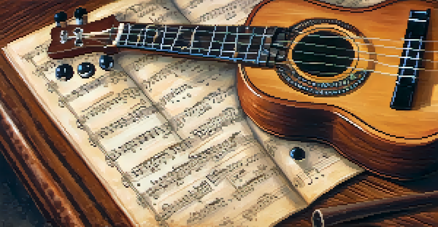 A close-up of a ukulele on a wooden table with sheet music and a metronome, illuminated by warm lighting.