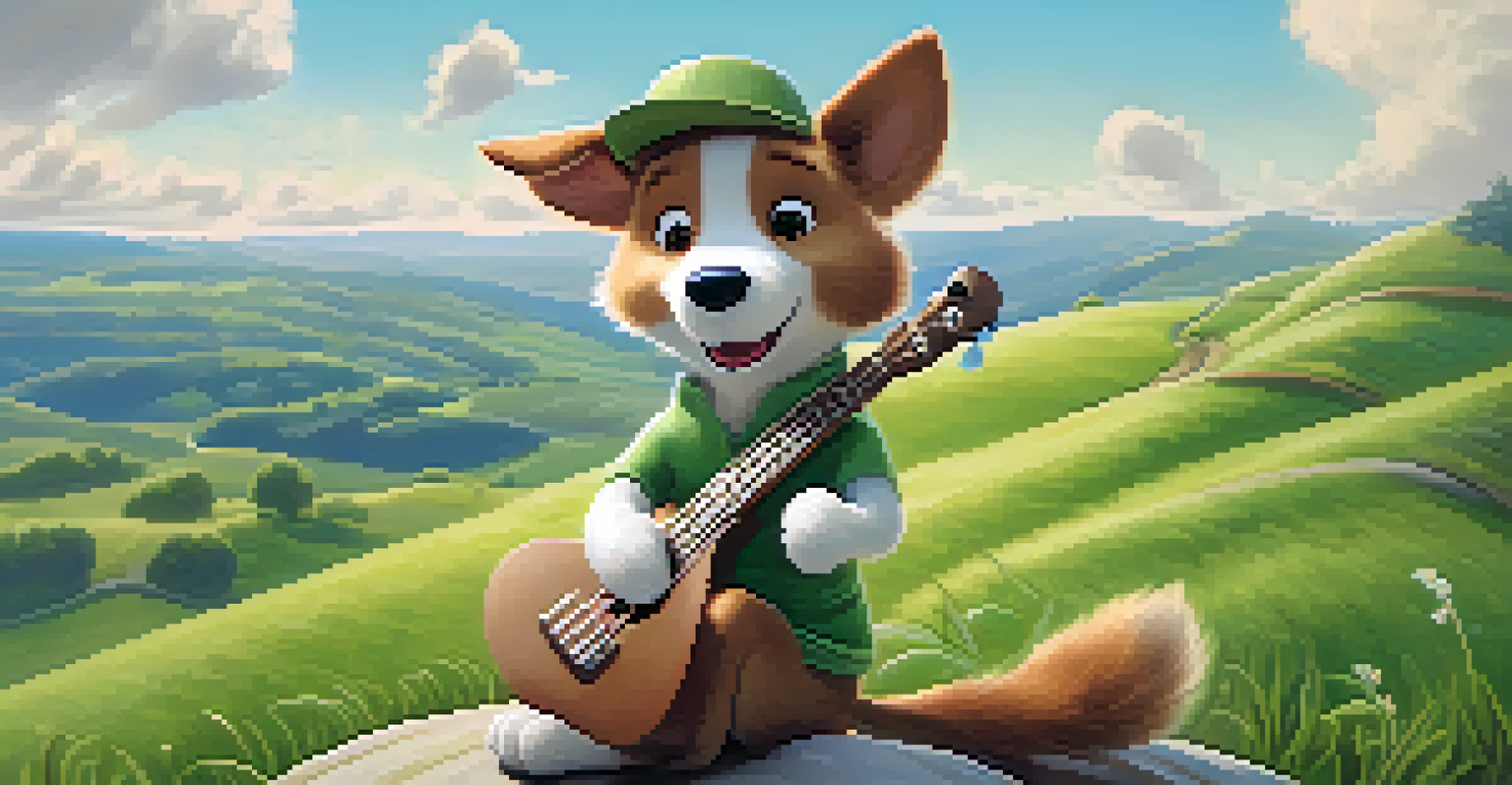 A cheerful animated dog character strumming a ukulele on a sunny hilltop with green hills and clouds in the background.