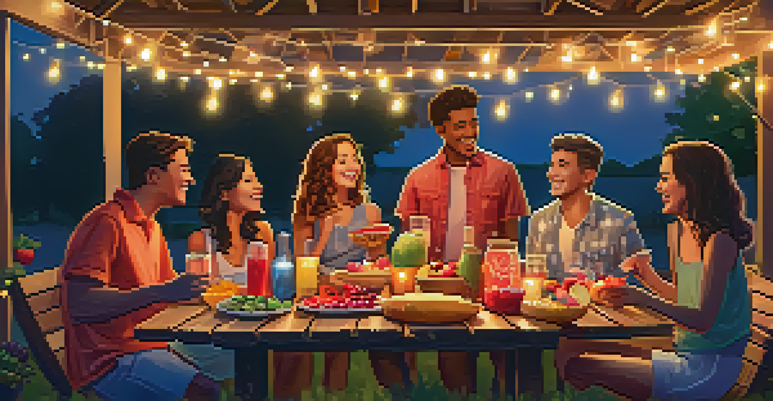 A backyard barbecue scene with a ukulele on a table and friends enjoying the evening. Fairy lights are twinkling in the background.