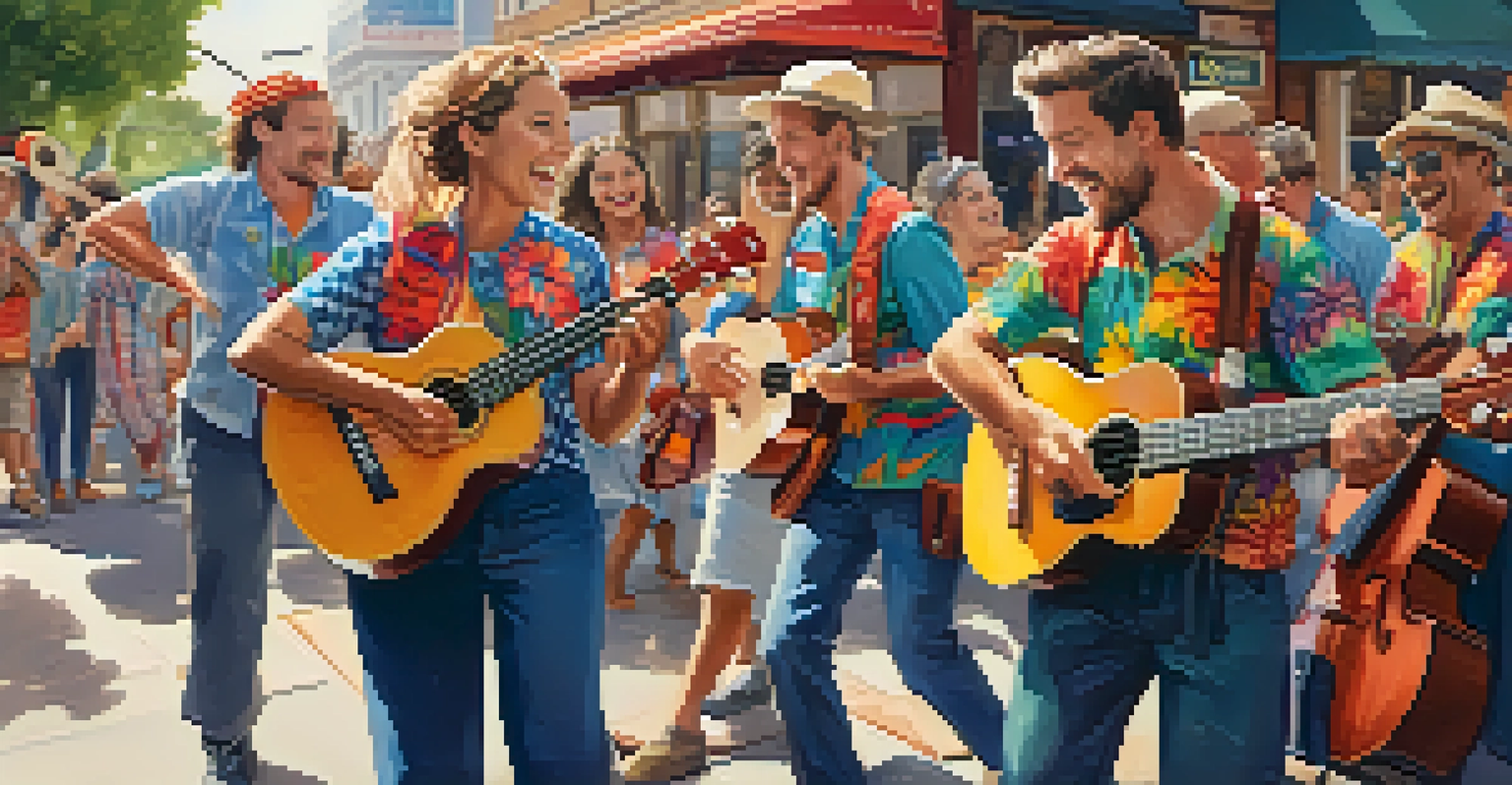 A lively public performance by a ukulele group attracting a crowd on a busy street corner.