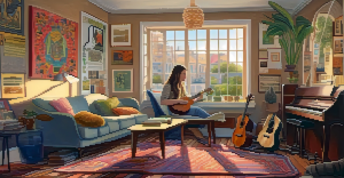 A person playing a ukulele in a warm and cozy living room filled with music sheets and colorful musician posters.